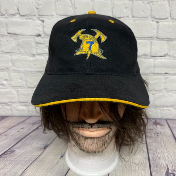 Fire Fighter Hat Cap Strap Back Black Yellow Fire Station 7 In Memory of NYC - Picture 1 of 8